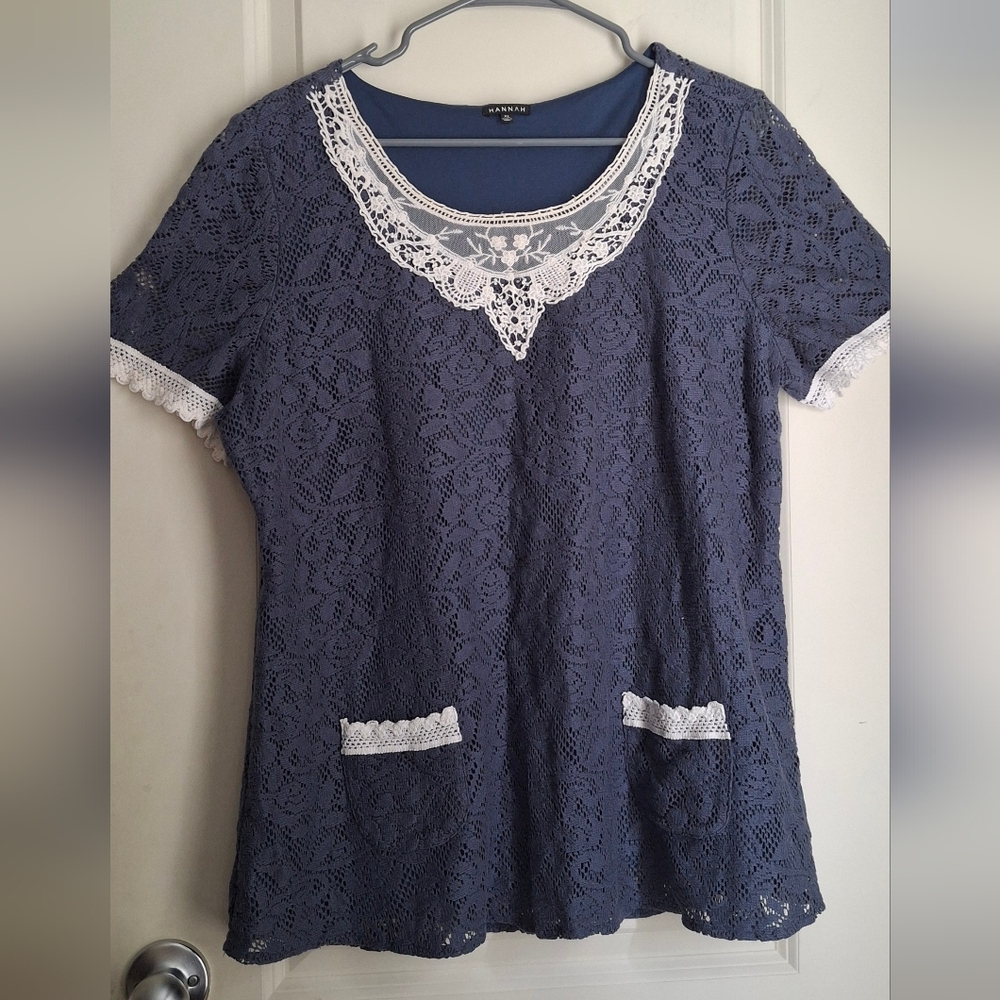 Hannah Women's Cottob Blue Lace Top Sz‎ XL Coquette Clasic Romantic Basic